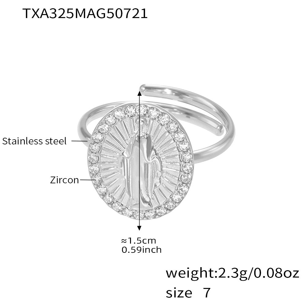 Silver ring with zircon details and measurement information on a white background