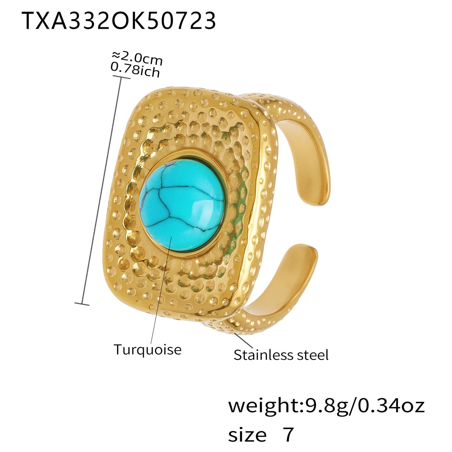 Gold bracelet with turquoise stone and measurements on a white background