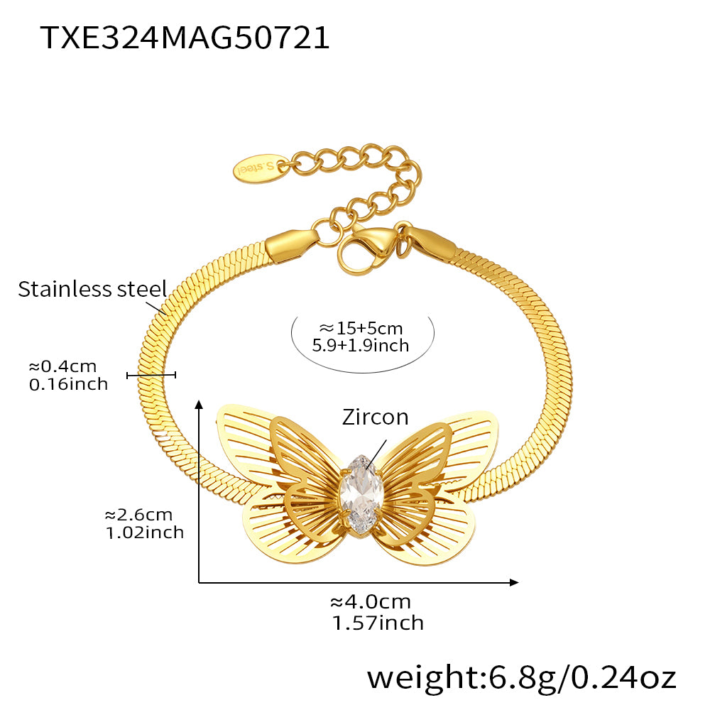 Gold butterfly bracelet with measurements and material details on a white background