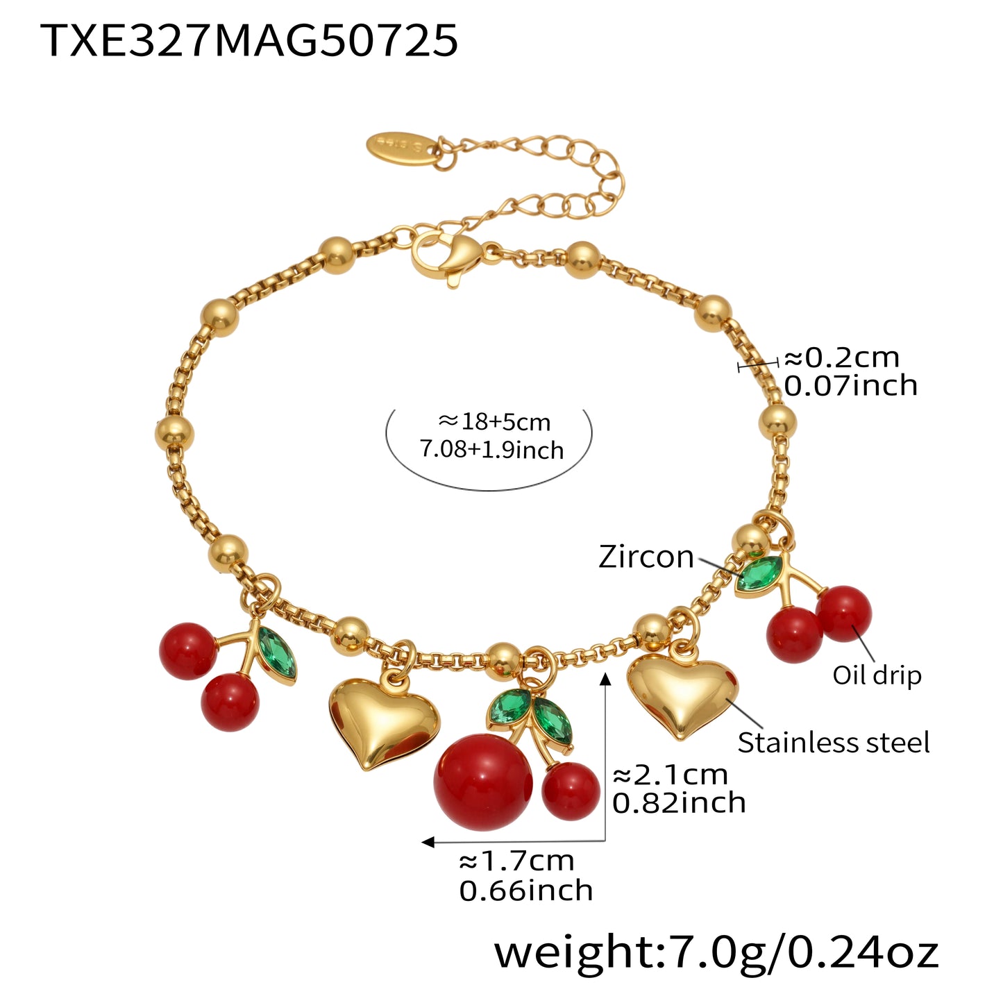 Gold bracelet with red beads and zircon stones, showing measurements and material details.
