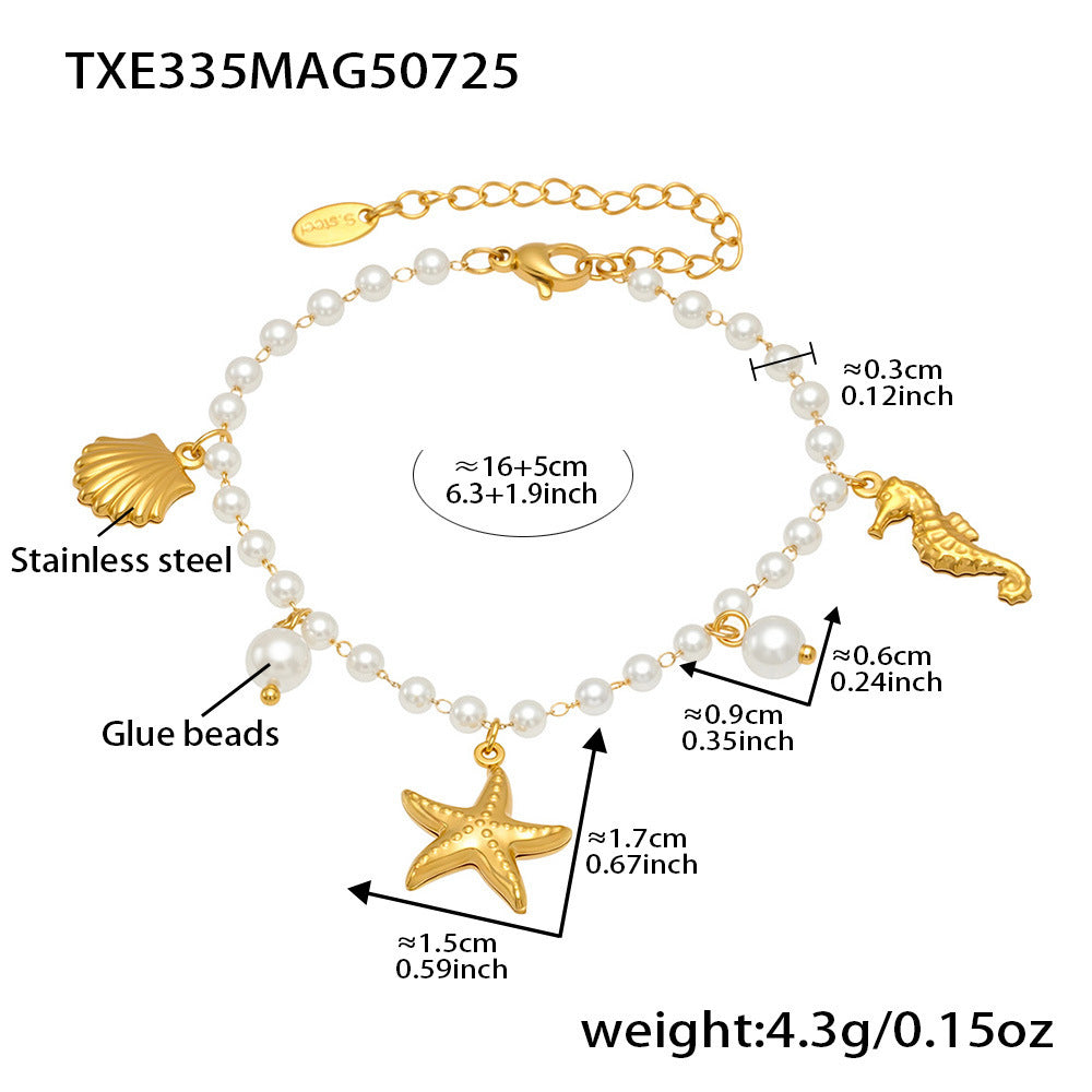 Gold bracelet with starfish and seahorse charms, labeled with measurements and material details.