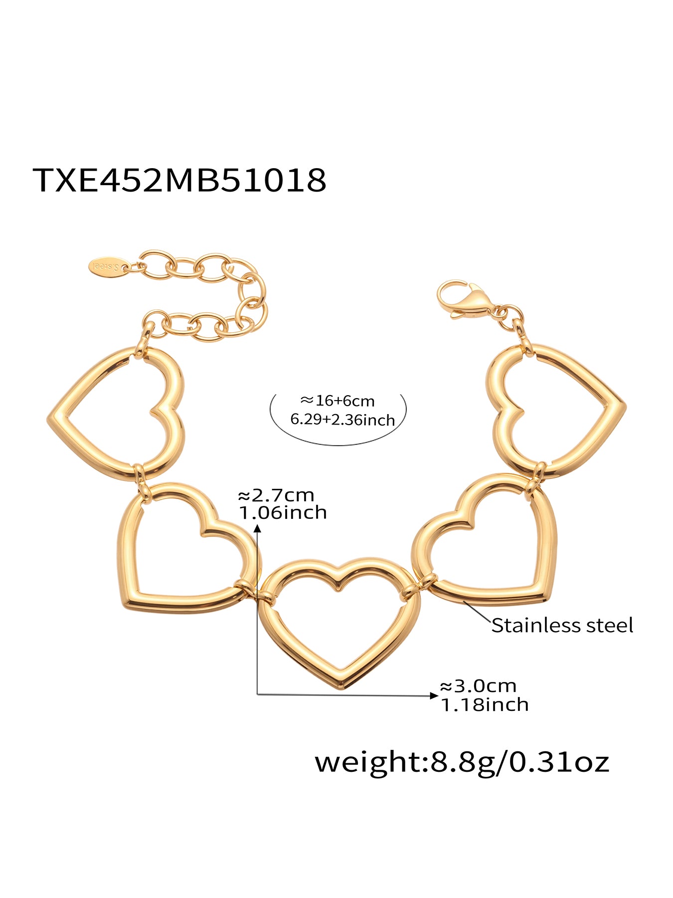 Gold heart-shaped bracelet with measurements and weight details on a white background