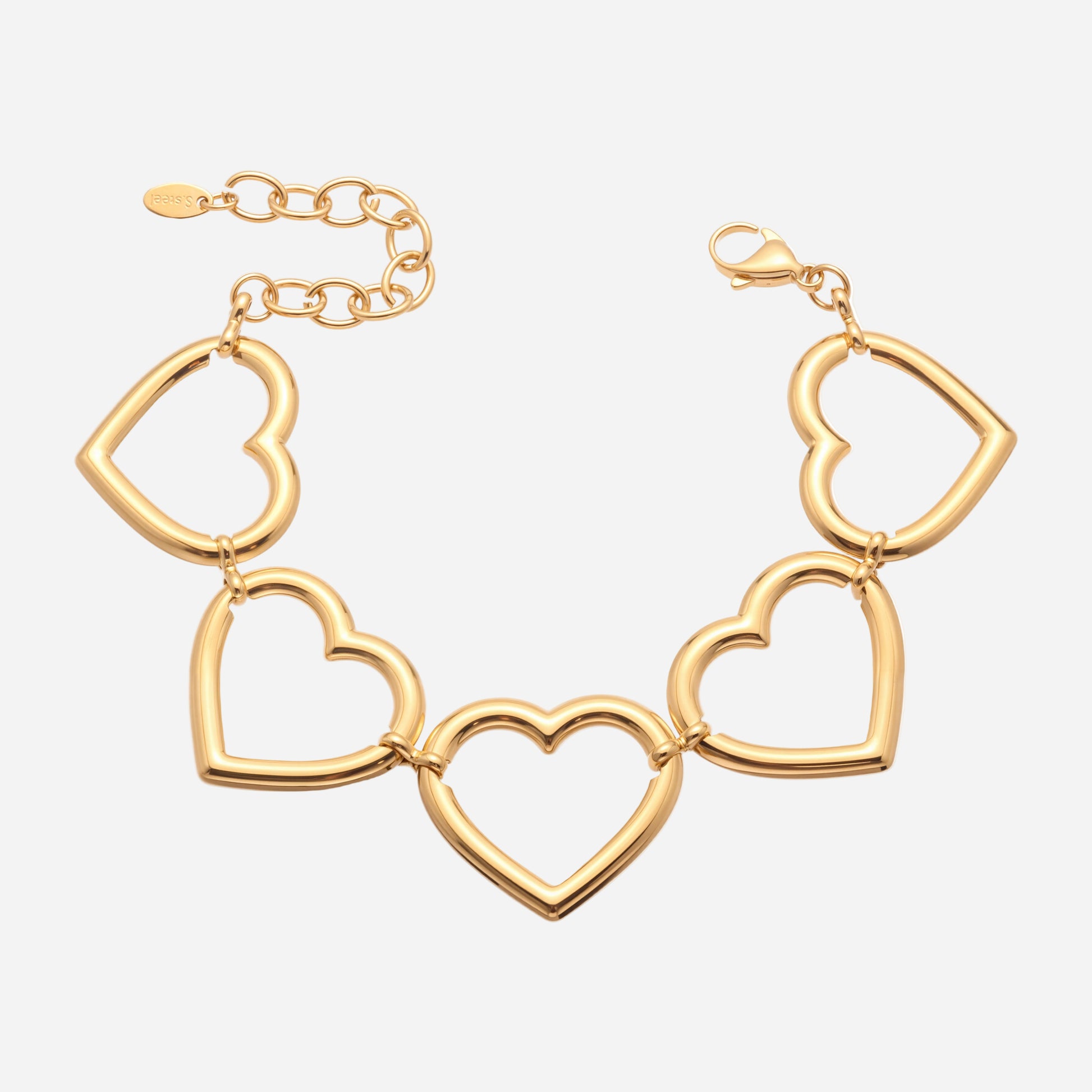 Gold bracelet with heart-shaped links on a white background