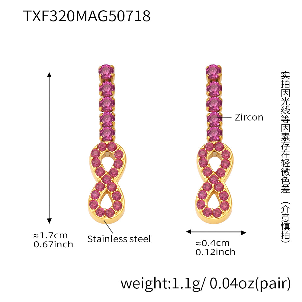 Gold earrings with pink gemstones and measurements on a white background