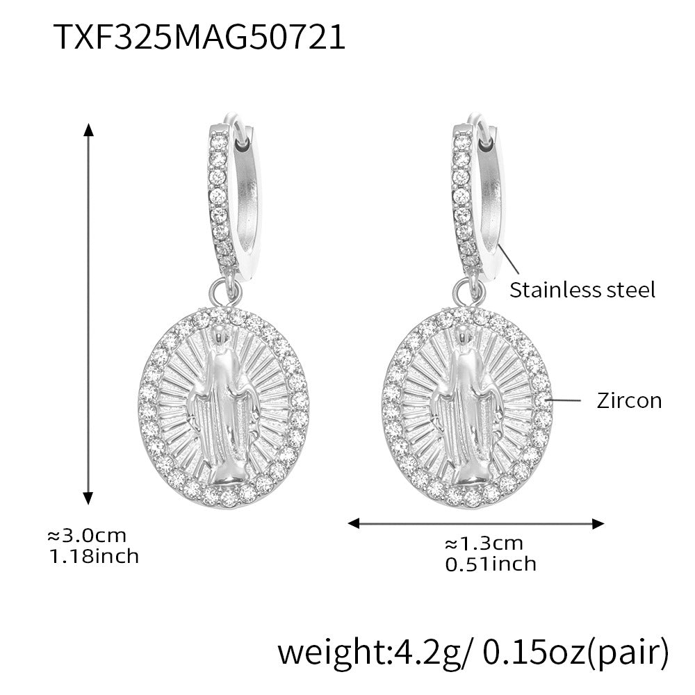 Silver earrings with zircon and stainless steel components, labeled with measurements and weight.