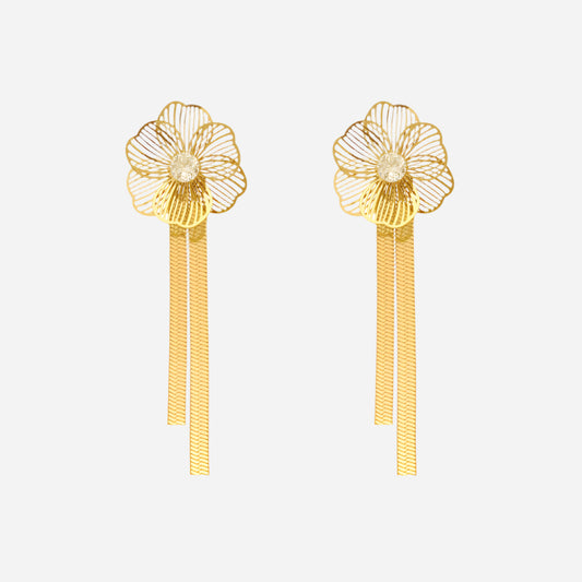 Pair of gold floral earrings on a white background