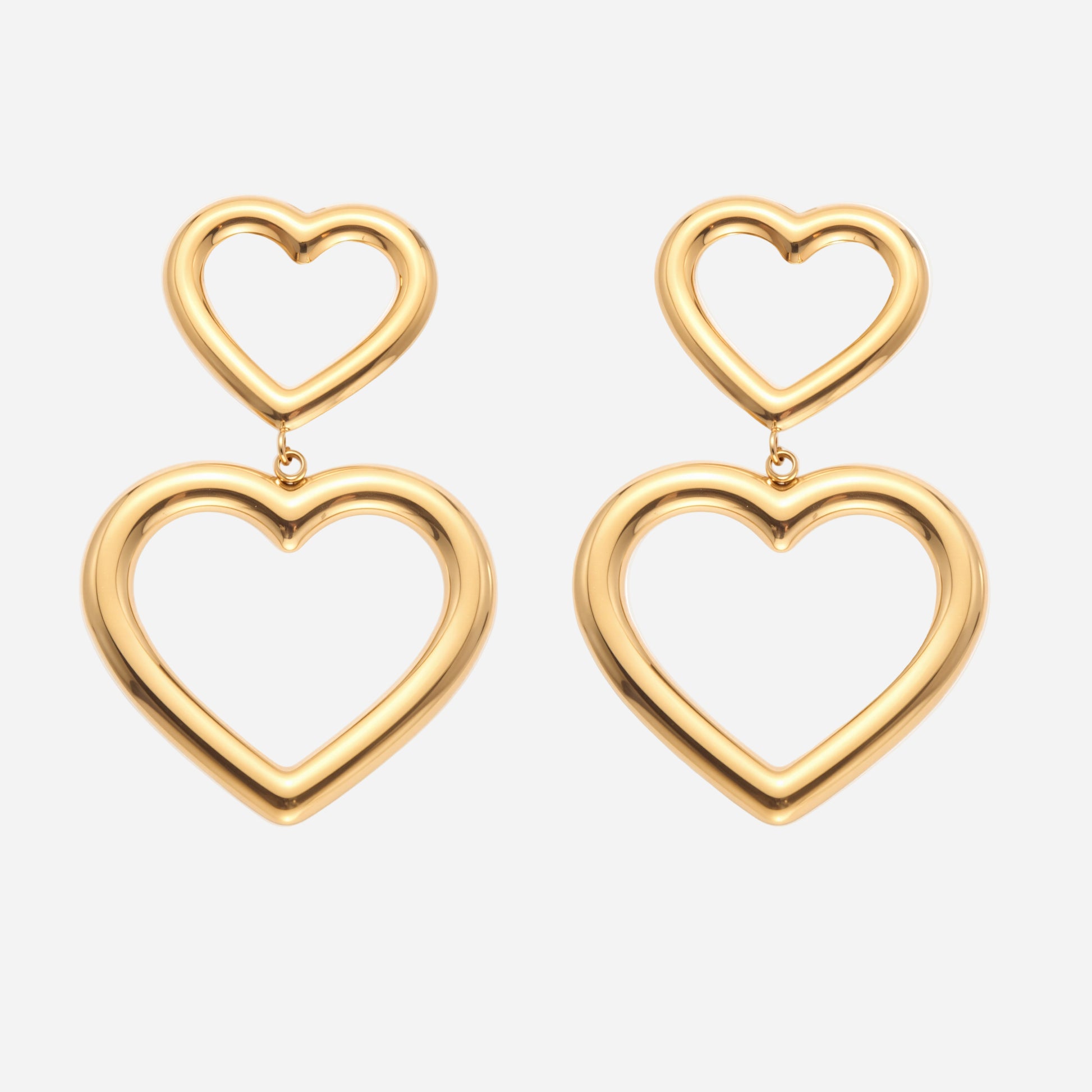 Gold heart hoop earrings in open heart design, crafted from 18K gold plated stainless steel