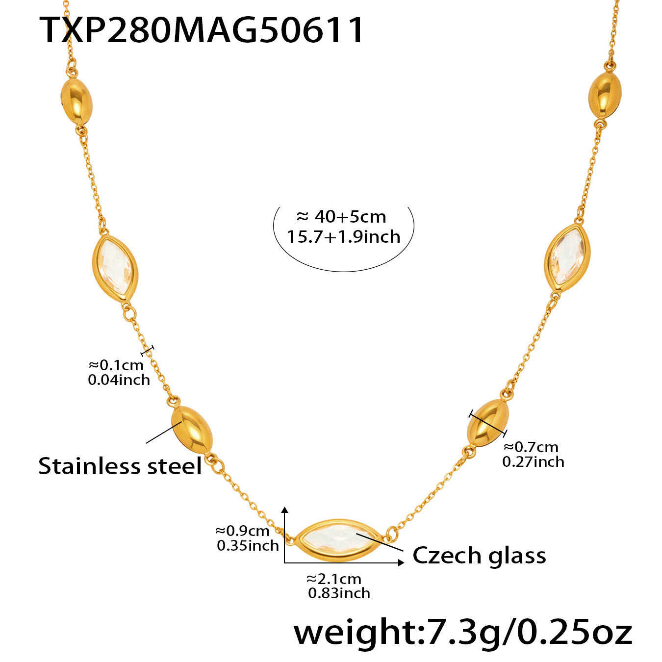 Collar con colgante de cristal dorado | Cuentas ovaladas en cadena de oro resistente al agua