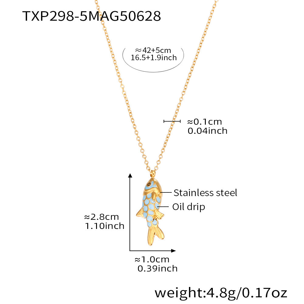 Gold necklace with fish pendant and measurement details on a white background