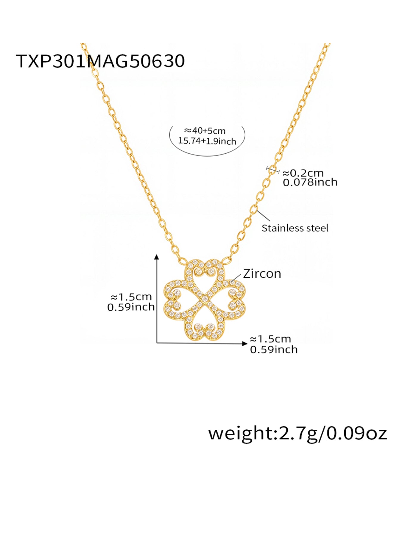 Collar con dije de corazón y trébol de cuatro hojas | Acero inoxidable de la suerte