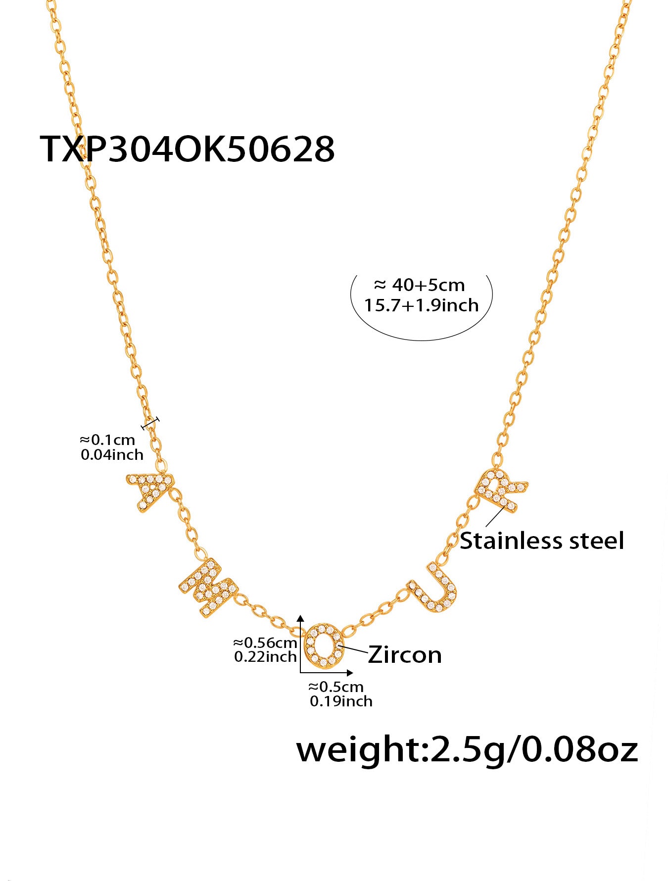 TXP304 5A Zircon AMOUR Necklace Specifications and Measurements