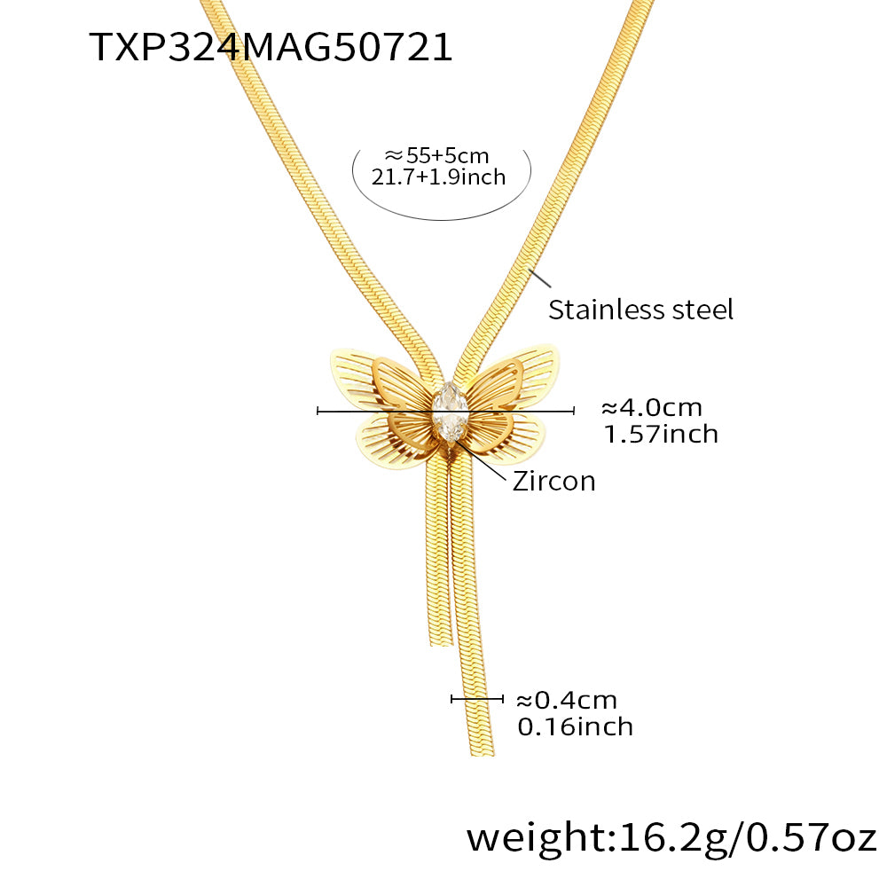Gold butterfly necklace with measurements and material details on a white background