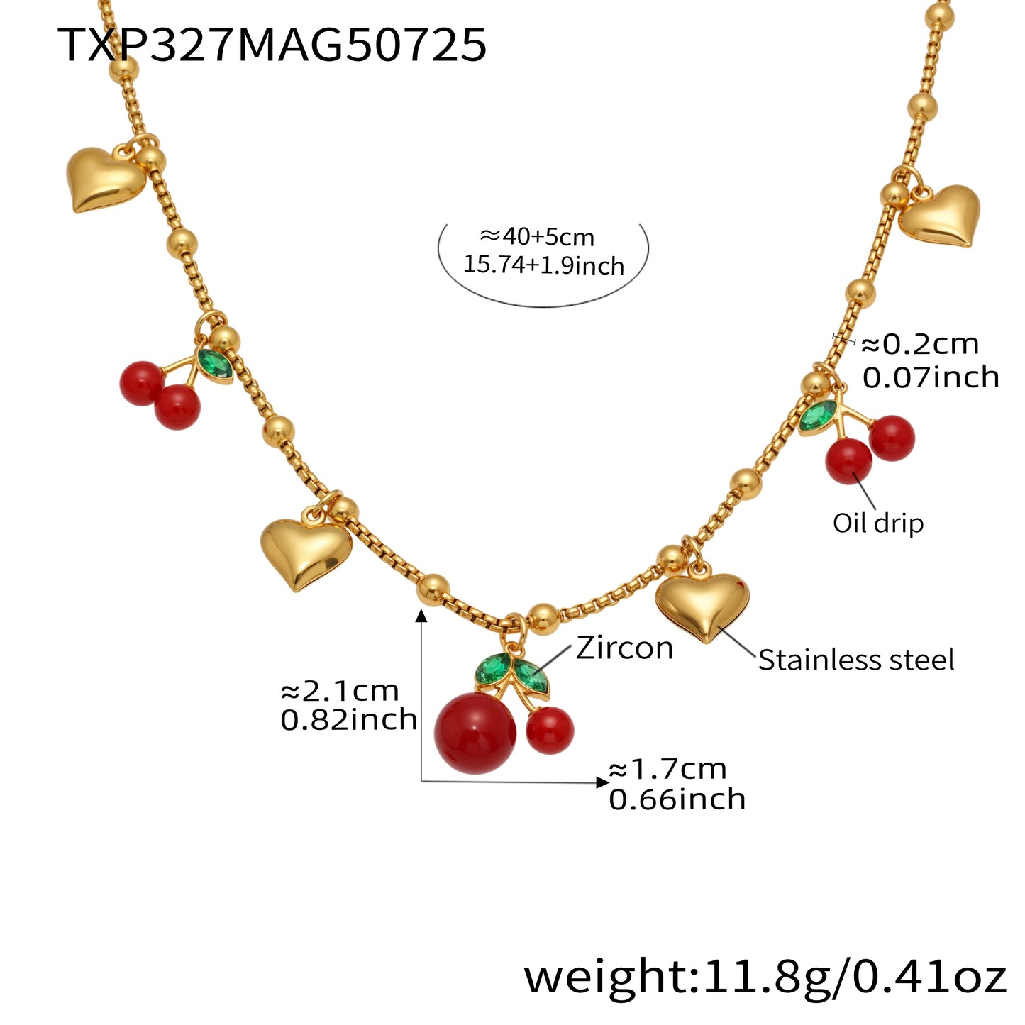 Gold necklace with heart and cherry charms, labeled with measurements and material details.