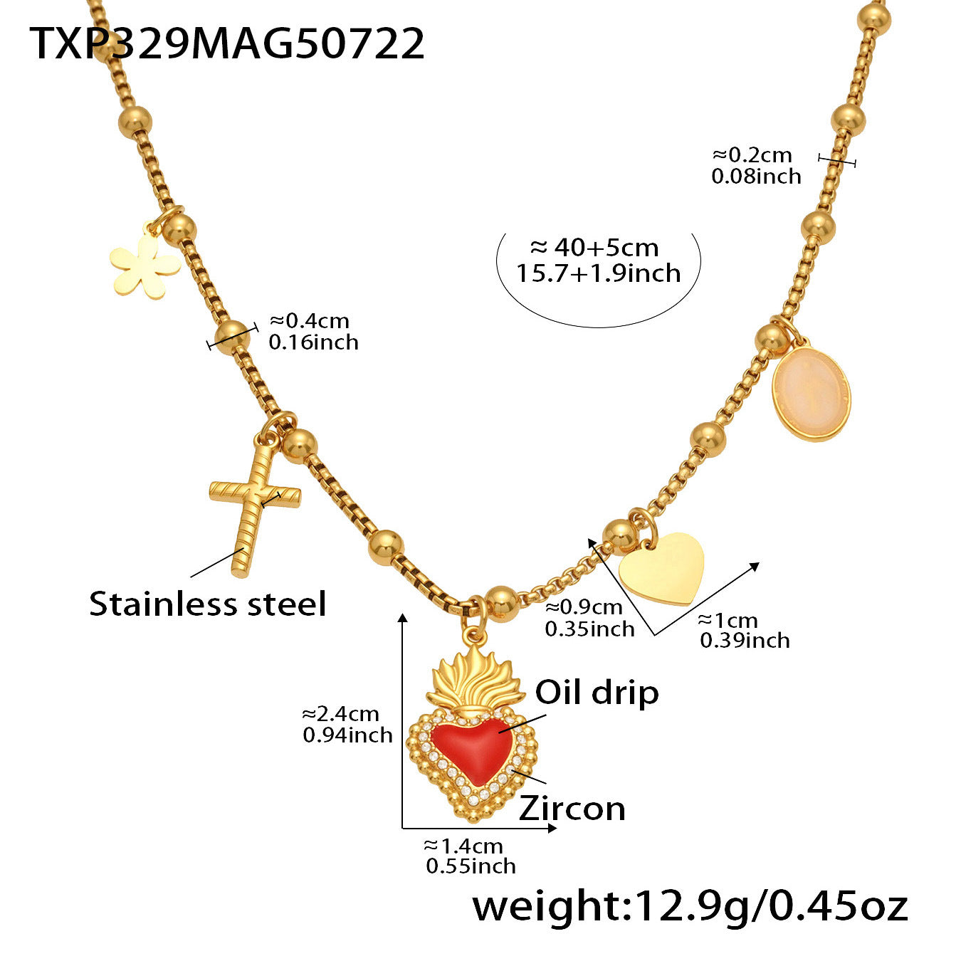 Gold necklace with various charms and measurements on a white background