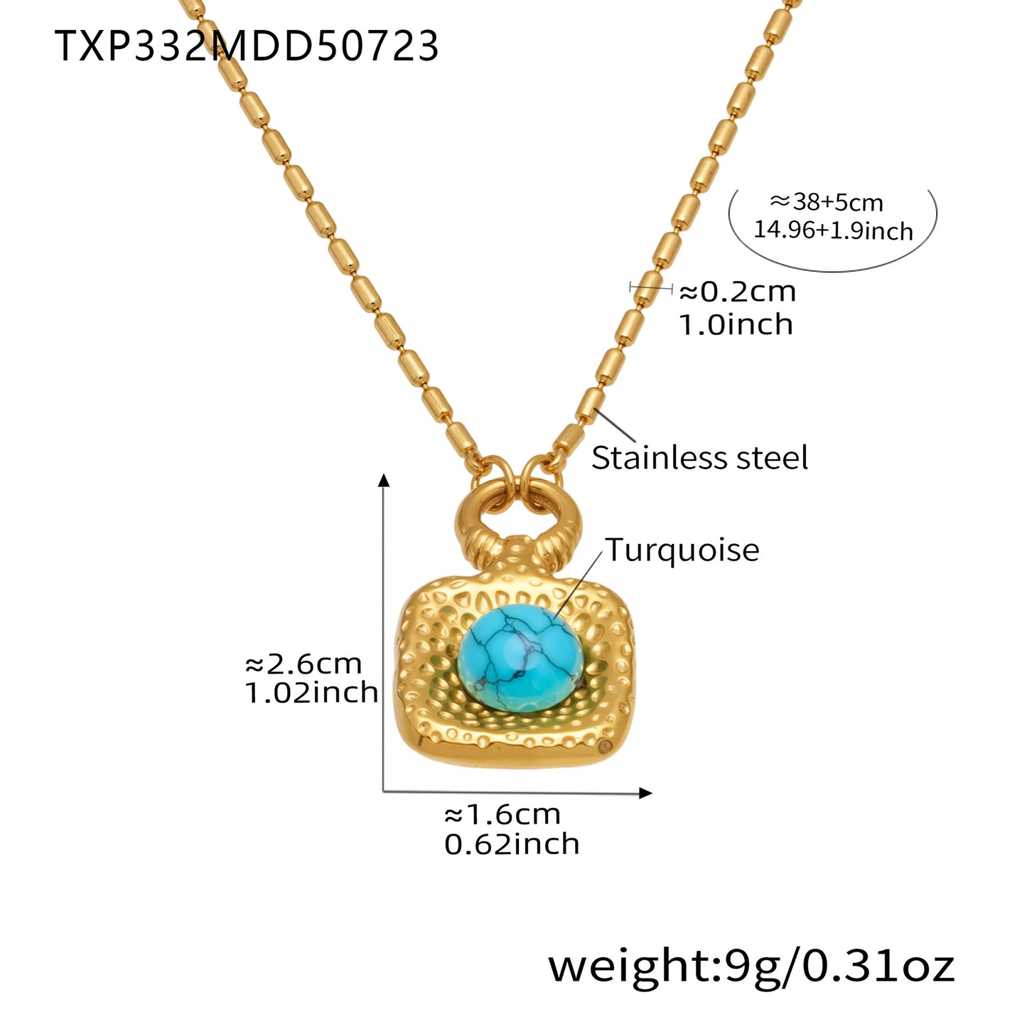 Gold necklace with turquoise pendant and measurement details on a white background