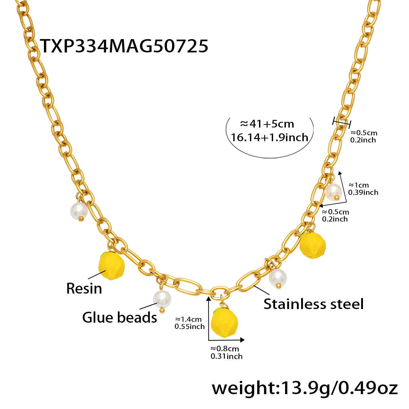 Gold chain necklace with yellow and white beads, labeled with measurements and material details.