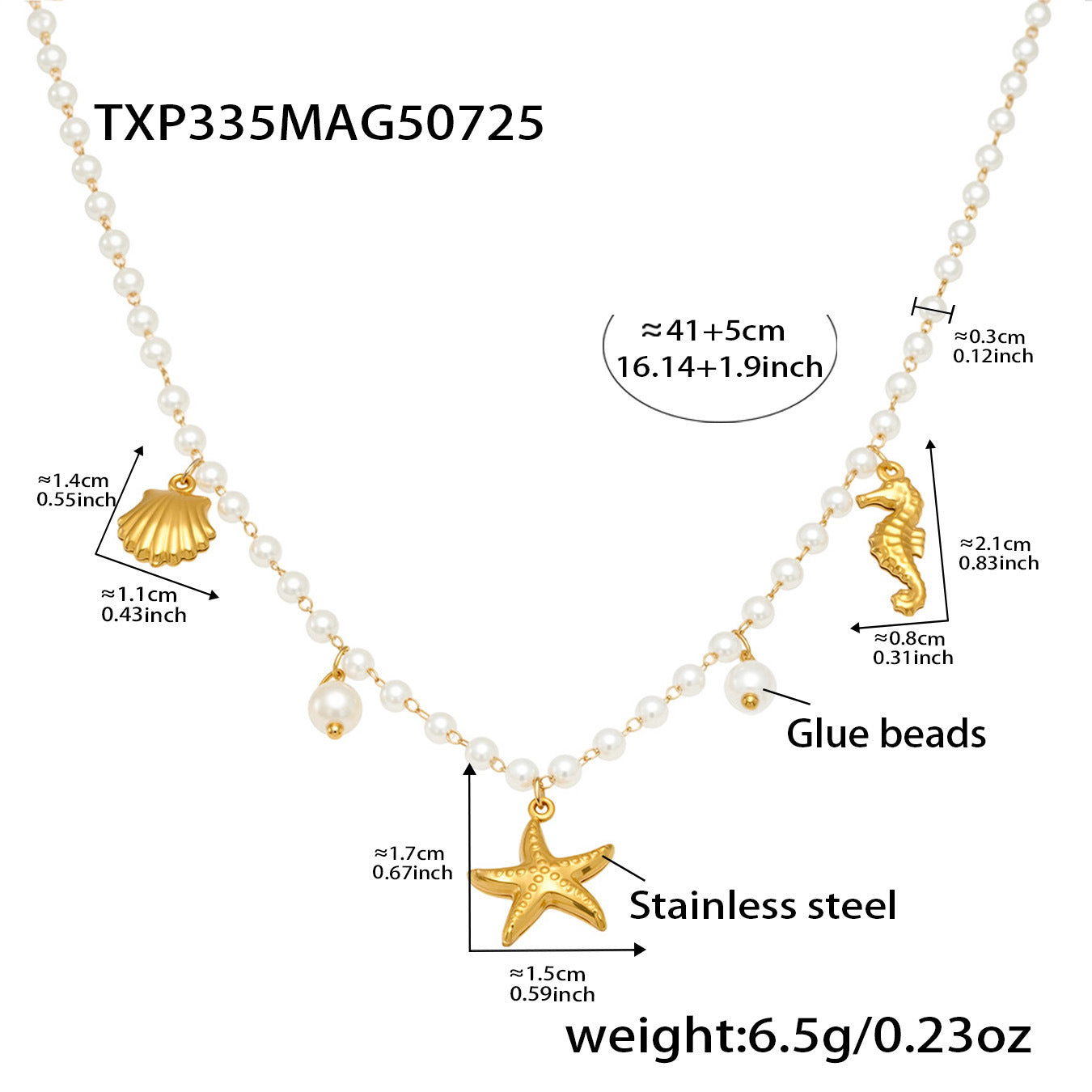 Pearl necklace with starfish pendant and measurements on a white background
