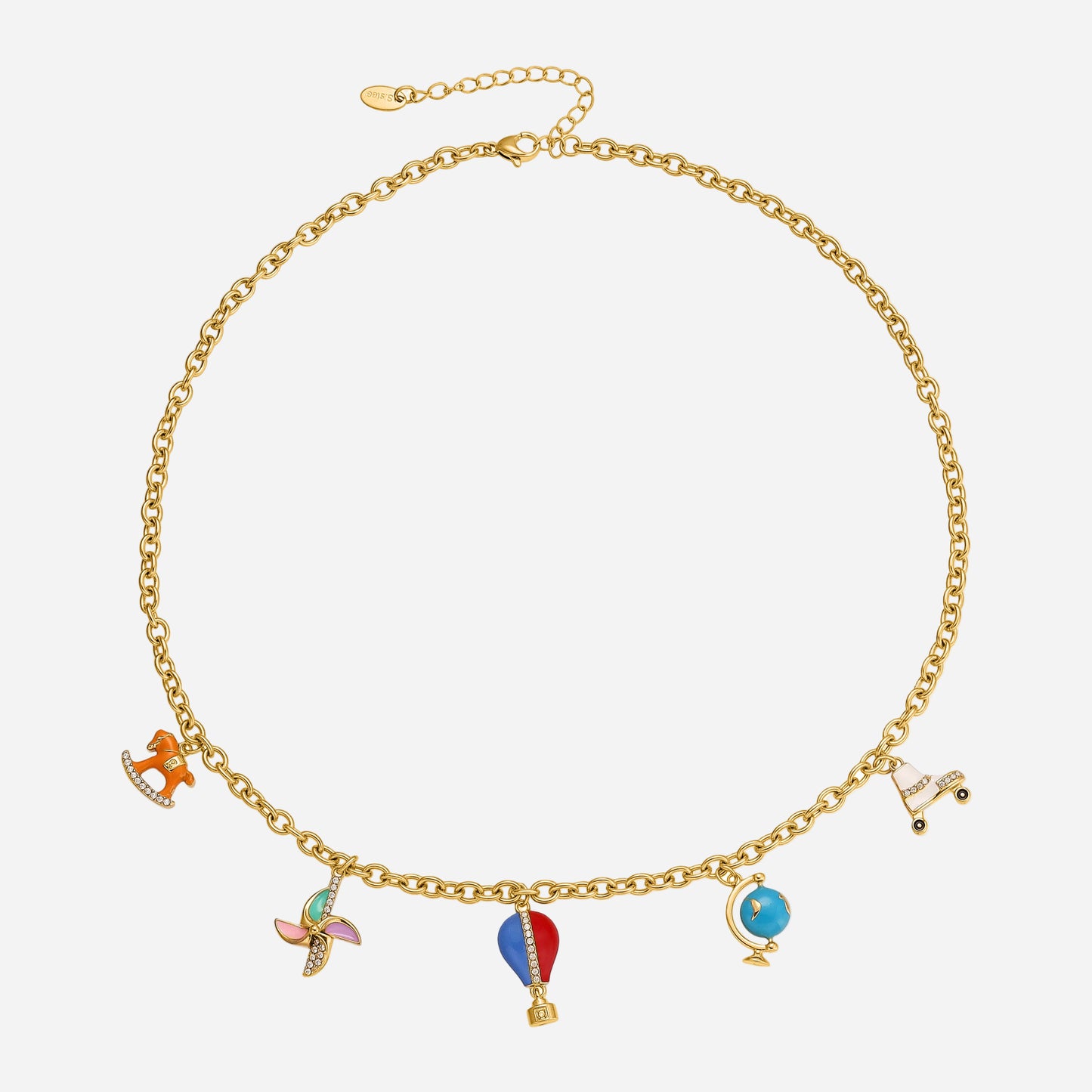 Gold necklace with colorful charms on a white background