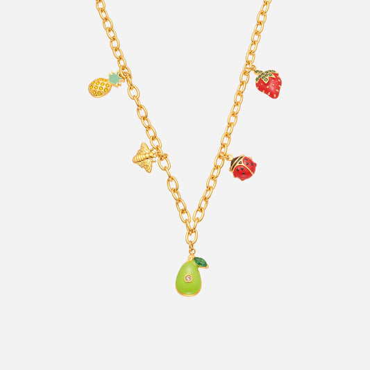 Gold necklace with fruit-themed charms on a white background