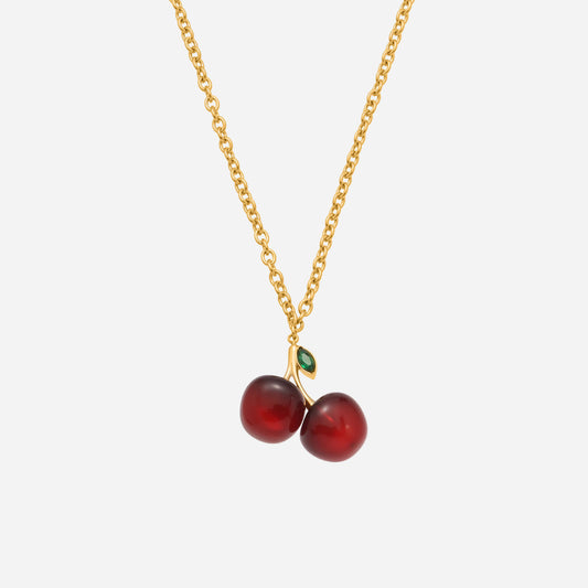 Cherry Allure Stainless Steel Resin Zircon Necklace