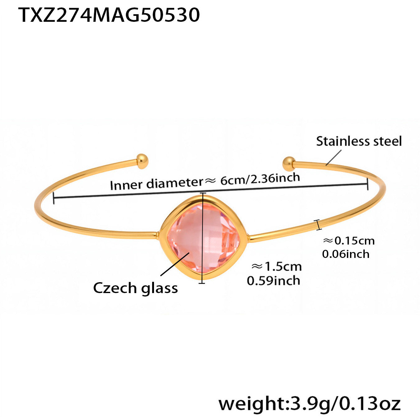 Detailed product specs for pink Czech glass bracelet TXZ274 in gold plating