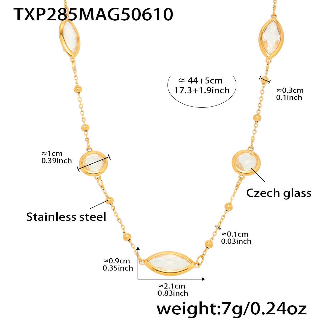 Size chart for white sea glass necklace with gold chain