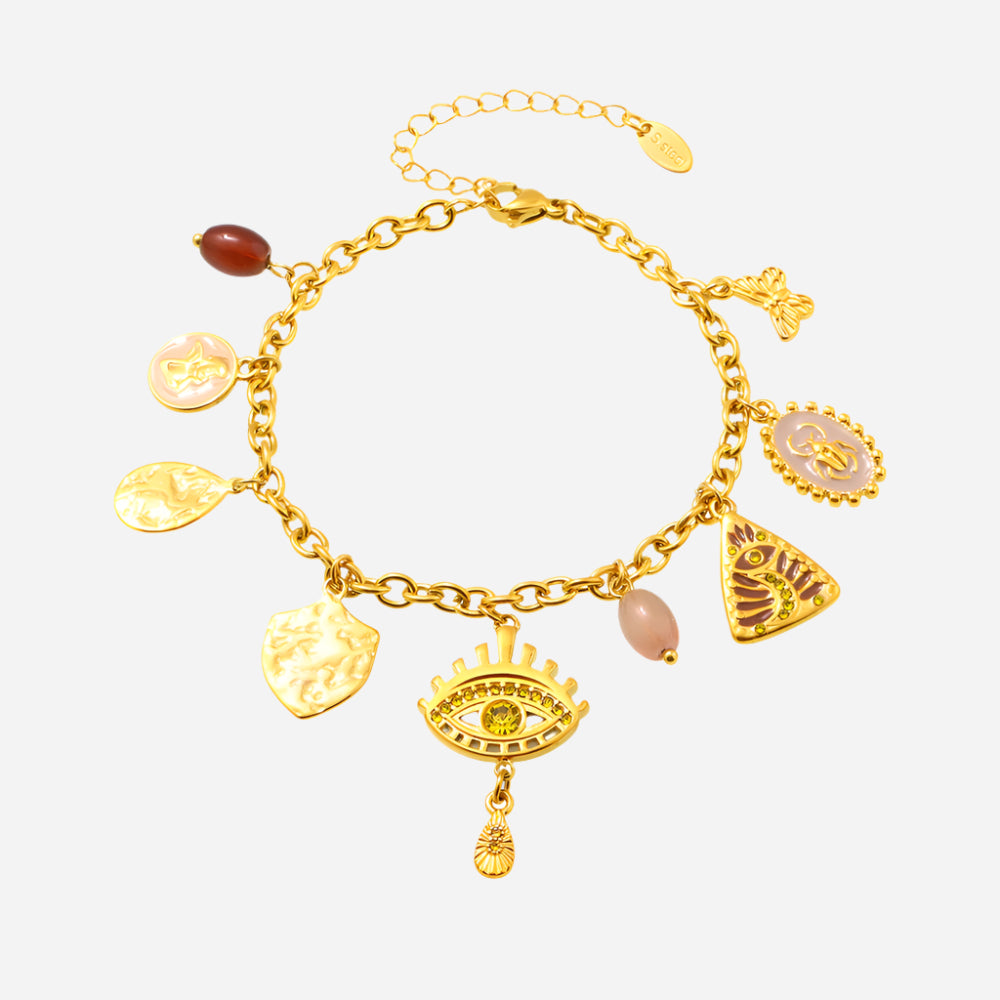 Yellow Evil Eye Bracelet made of waterproof stainless steel on a clean white background