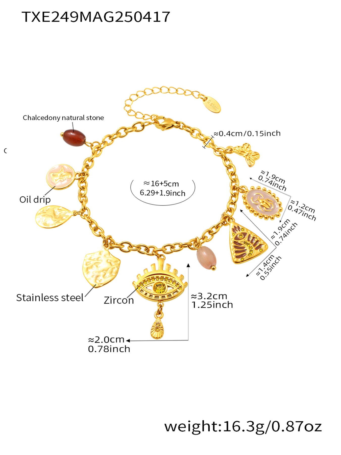 Measurement and specification chart for yellow stainless steel evil eye bracelet
