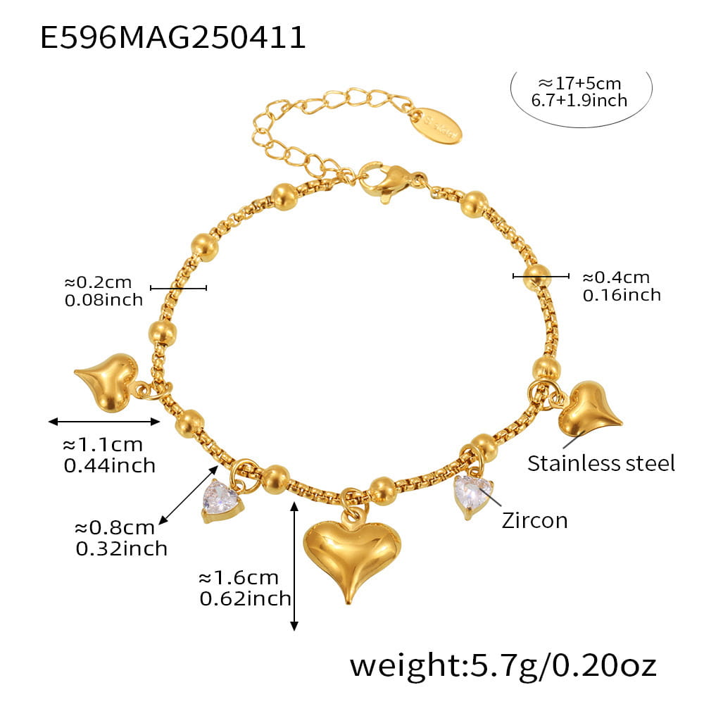 Detailed product specifications for Zircon Heart Charm Tennis Bracelet including material, length, color, and hypoallergenic features