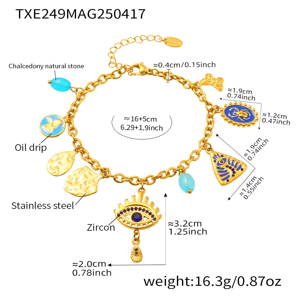 Product specifications for Blue Mystic Evil Eye Bracelet – stainless steel, hypoallergenic, waterproof