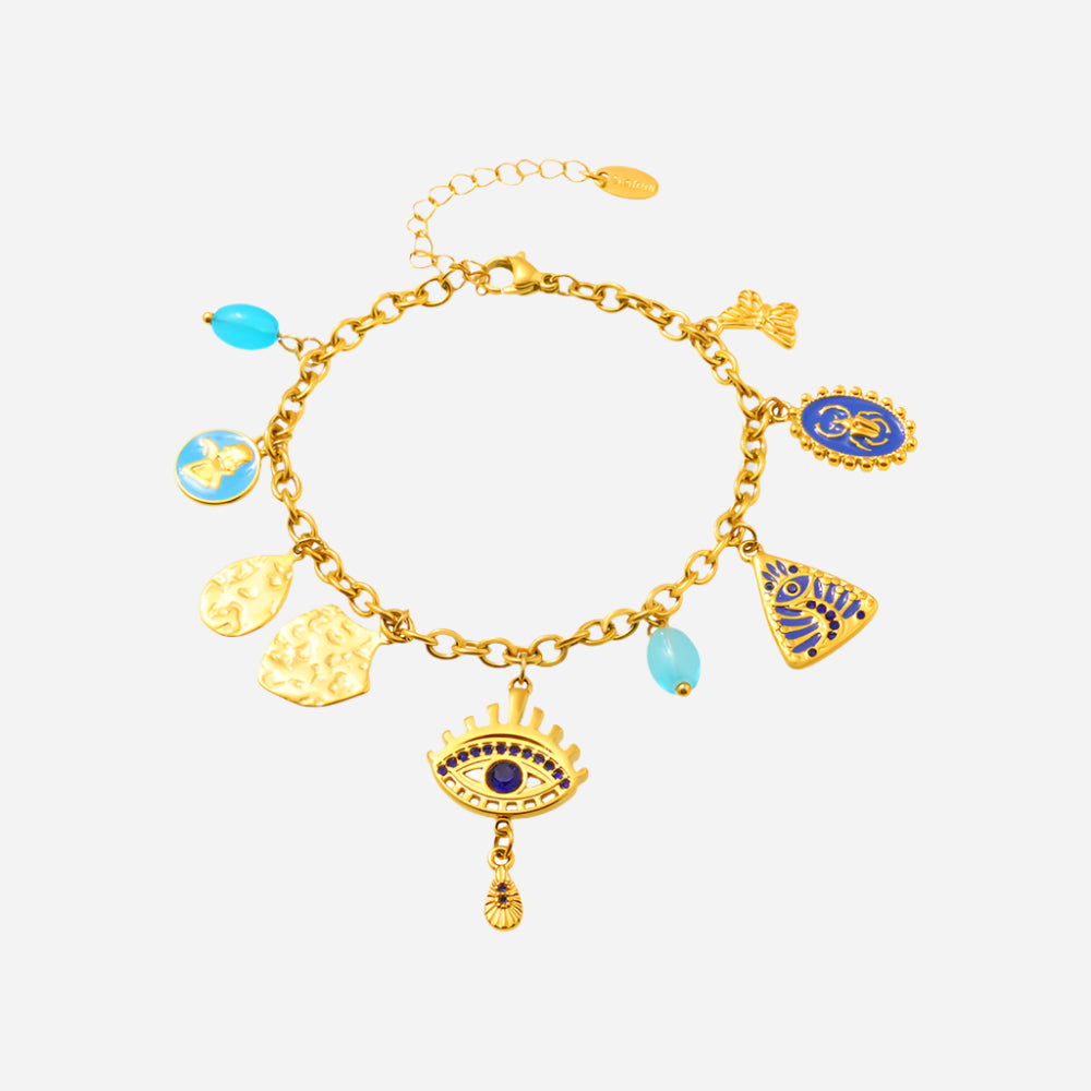 Blue Mystic Evil Eye Bracelet with waterproof stainless steel design on white background