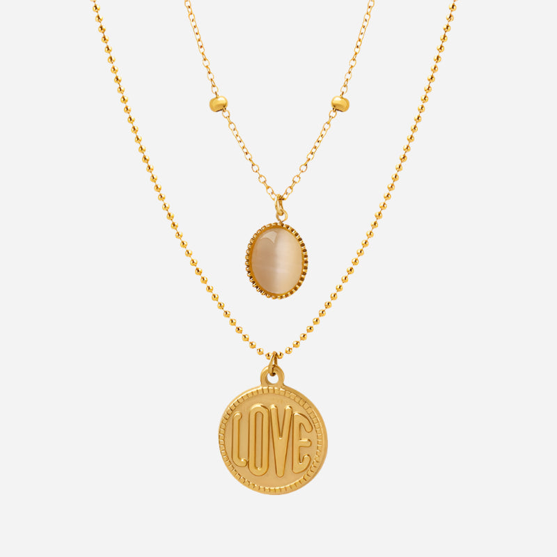 Cat's Eye Stone LOVE Round Card Necklace on white background