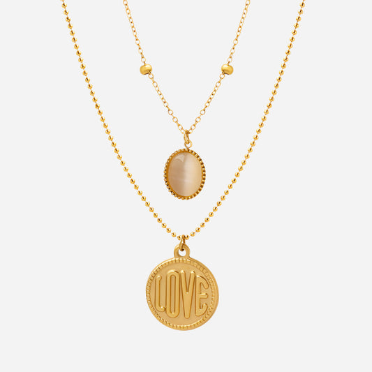 Cat's Eye Stone LOVE Round Card Necklace on white background