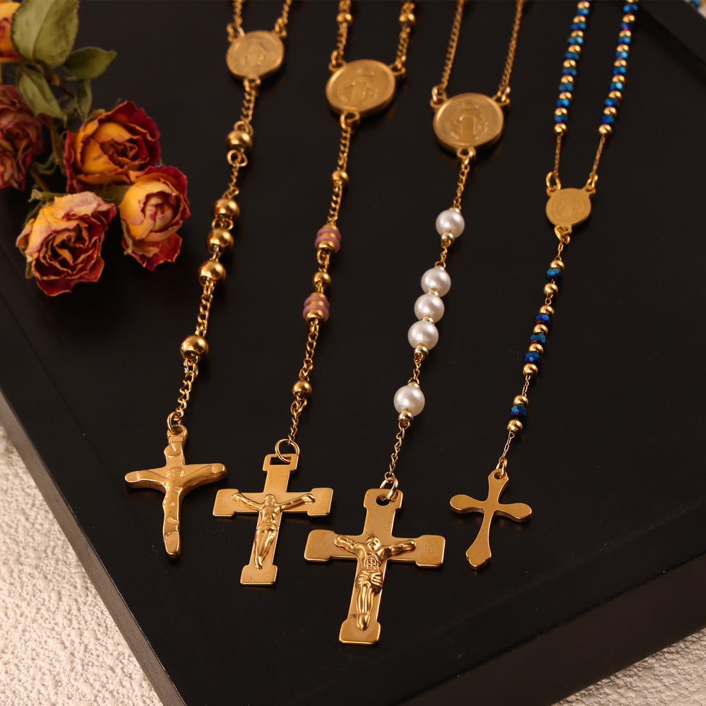 Group of Gold Cross Pendant Necklaces with Tassel – Faith Jewelry on Rustic Wood Background