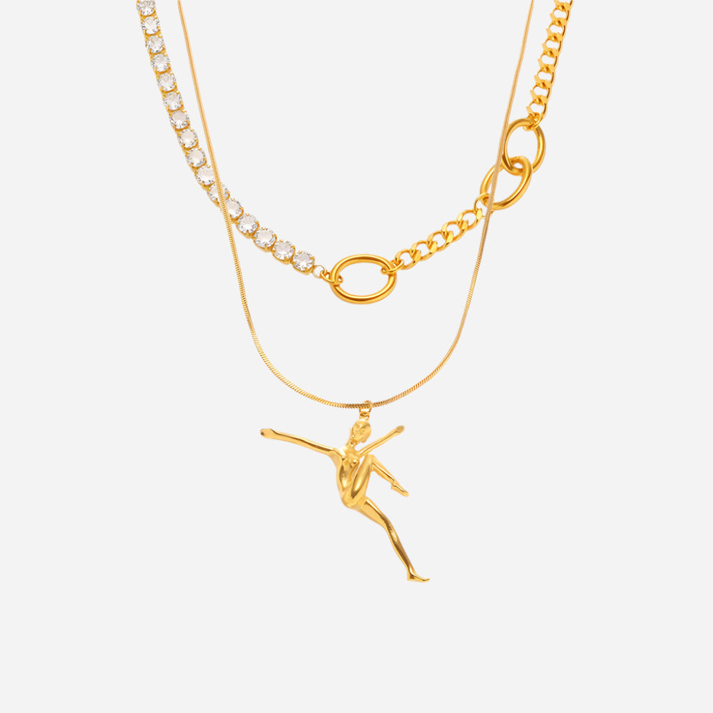 Gold dancing girl pendant tennis necklace 55+5cm on white background