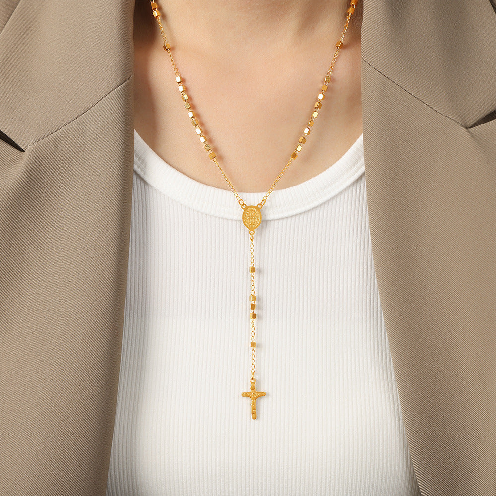Minimalist Long Cross Pendant Necklace Styled on Model – Stainless Steel Jewelry