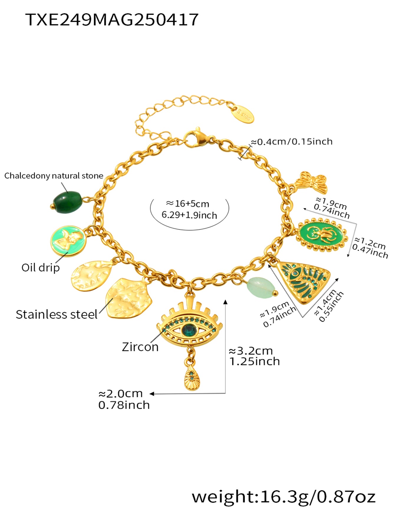 Specifications and material details of Green Mystic Eye Bracelet in durable stainless steel