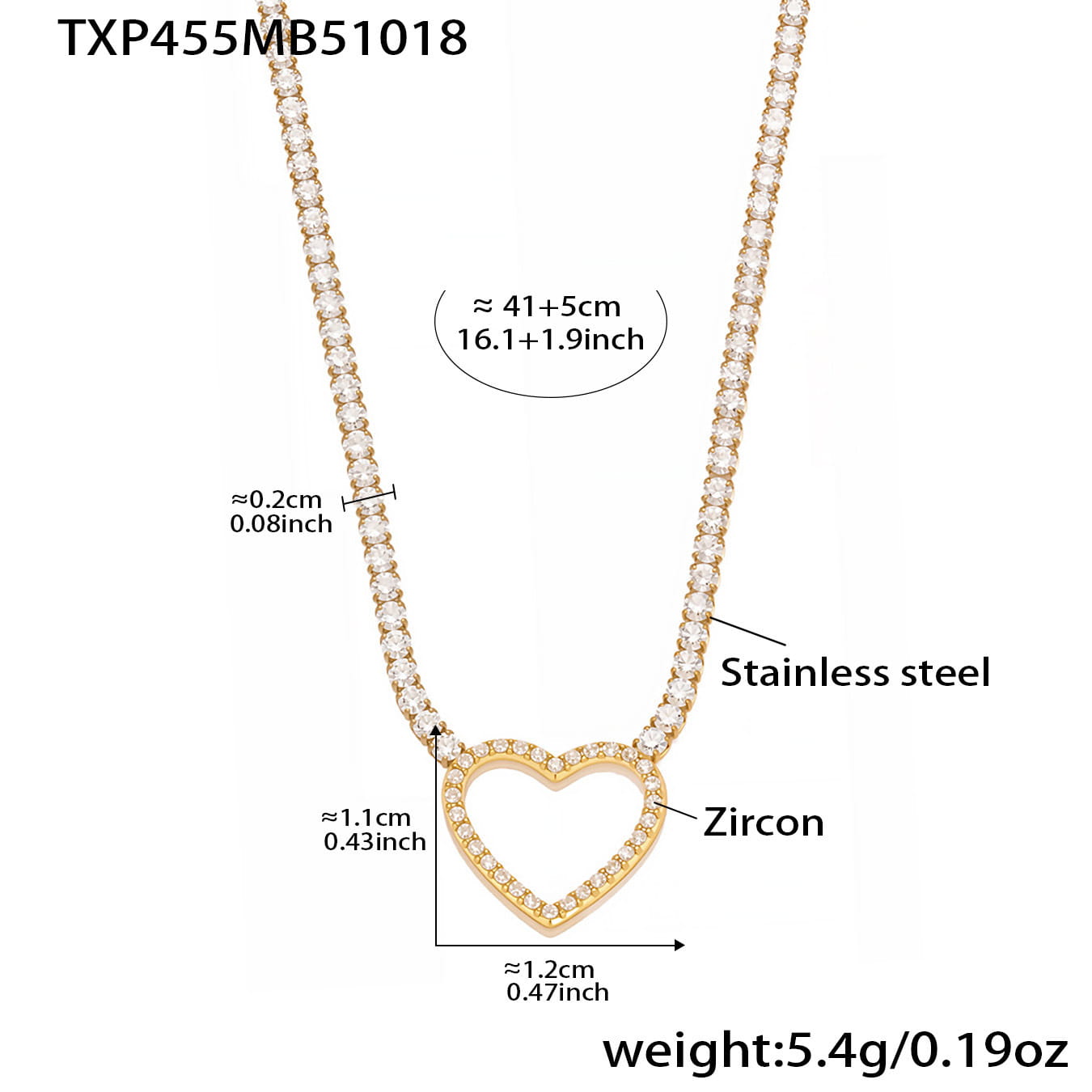 Gold stainless steel heart CZ tennis necklace with white zircon stones and 18K vacuum plating