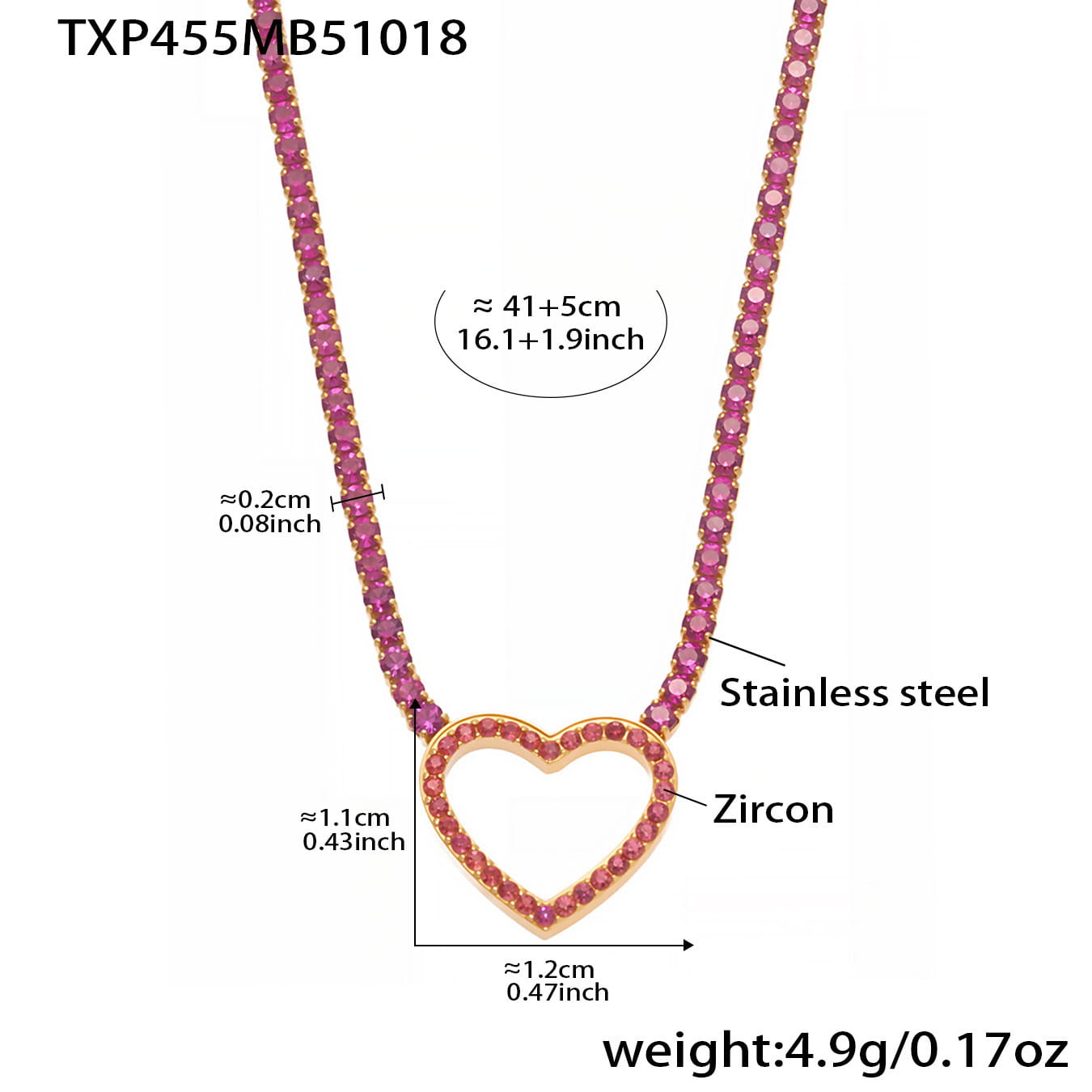 Gold red heart CZ tennis necklace with red cubic zirconia stones on 18K gold plated stainless steel chain