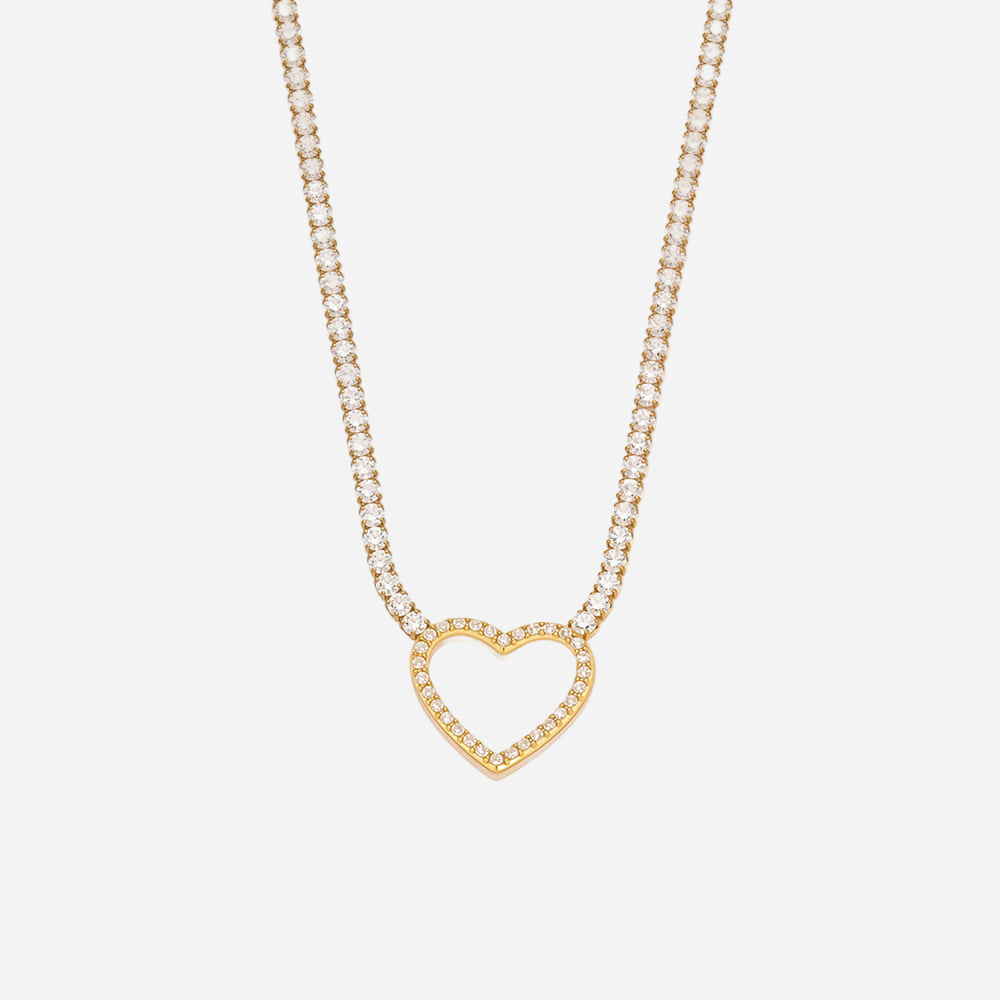 Gold heart CZ tennis necklace featuring cubic zirconia stones on 18K gold stainless steel chain