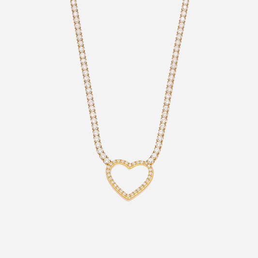 Gold heart CZ tennis necklace featuring cubic zirconia stones on 18K gold stainless steel chain