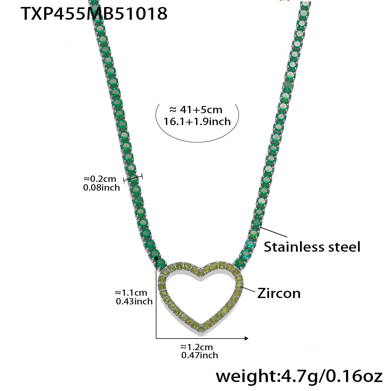 Stainless steel tennis necklace with green cubic zirconia heart pendant and 41+5cm adjustable chain