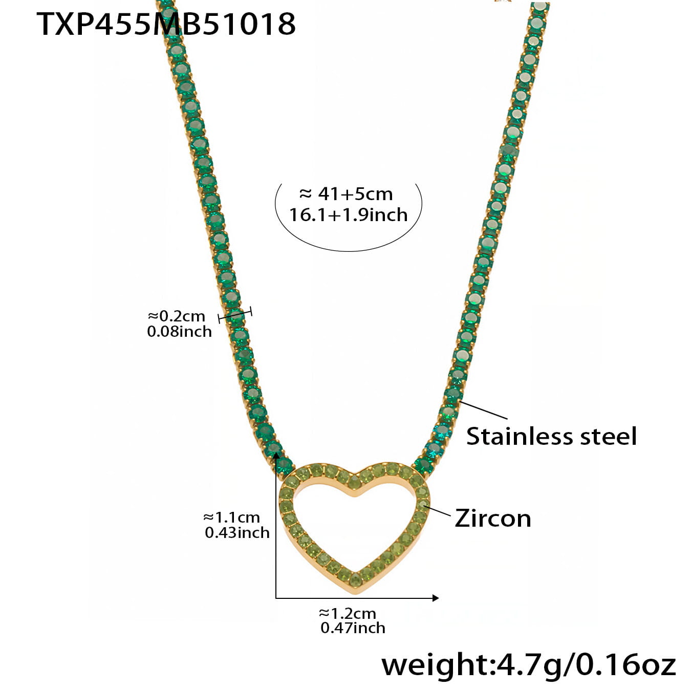 Gold green CZ heart tennis necklace with size chart showing 41+5cm stainless steel chain and zircon pendant