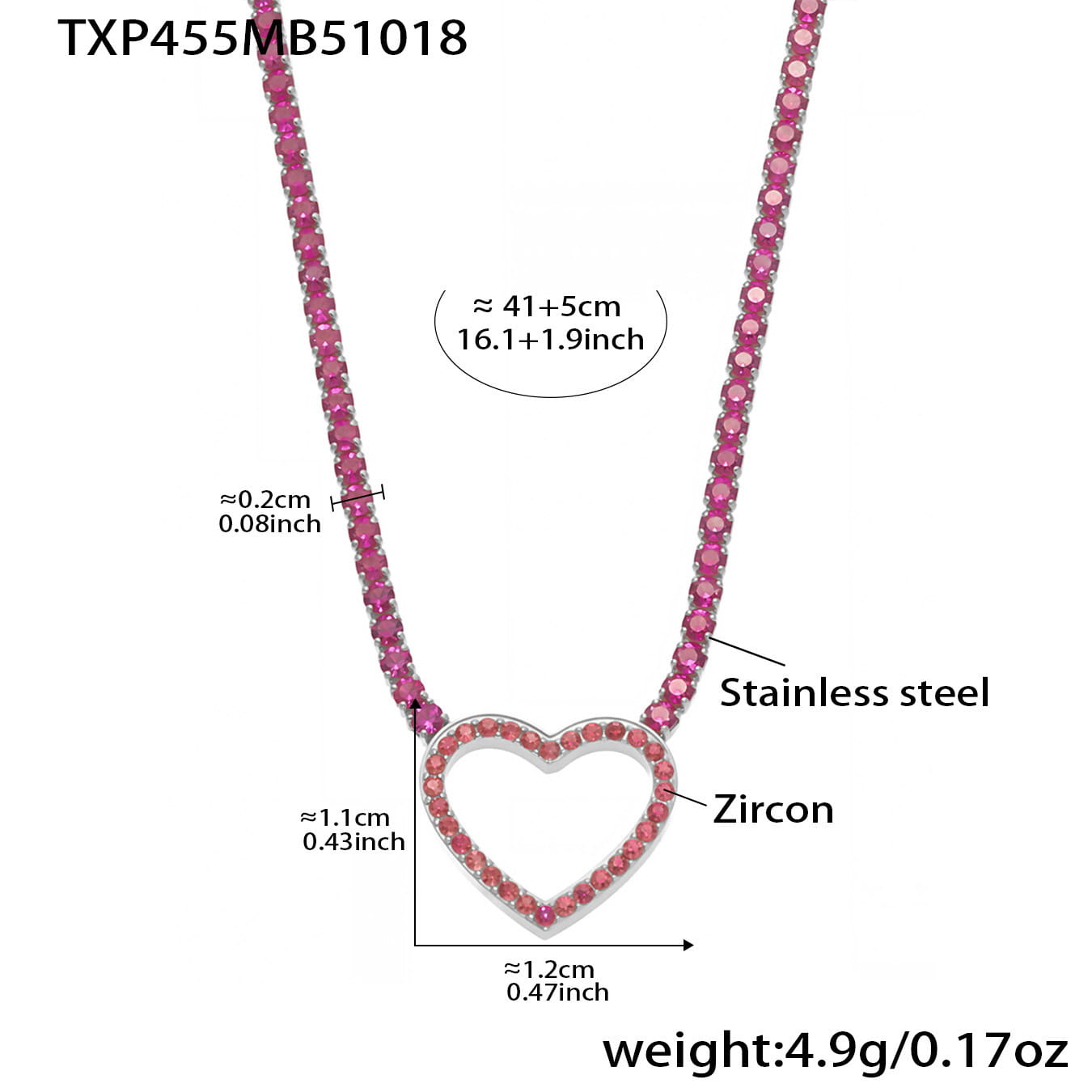 Steel red heart CZ tennis necklace with red zircon stones and 41+5cm adjustable stainless steel chain
