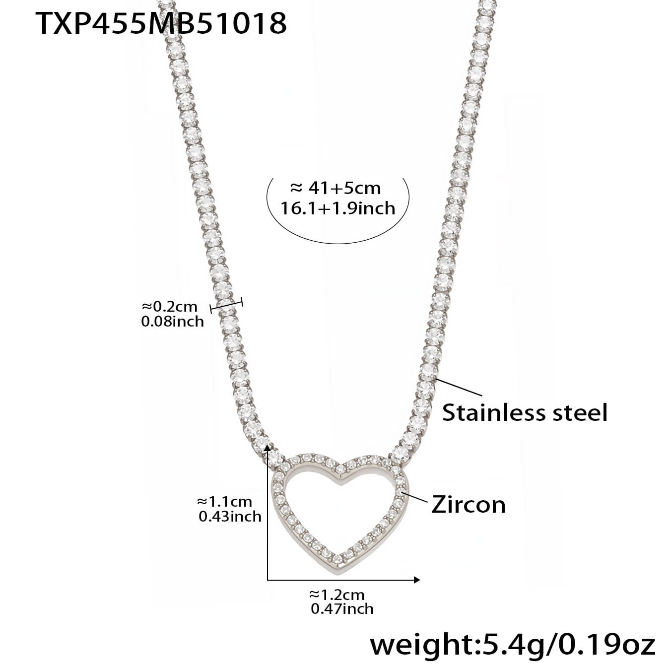 Silver tone stainless steel heart tennis necklace with white CZ stones and adjustable chain length 41+5cm
