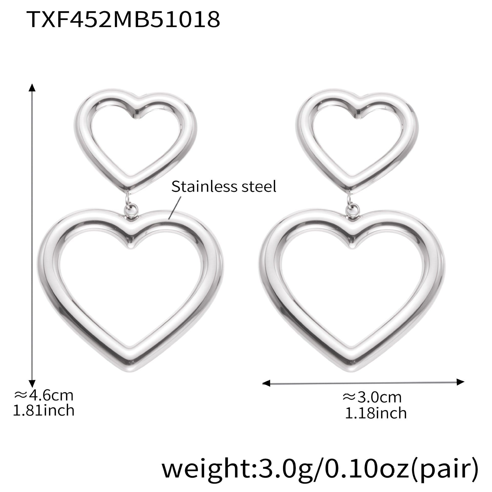 Silver heart hoop earrings with size measurements, crafted from stainless steel