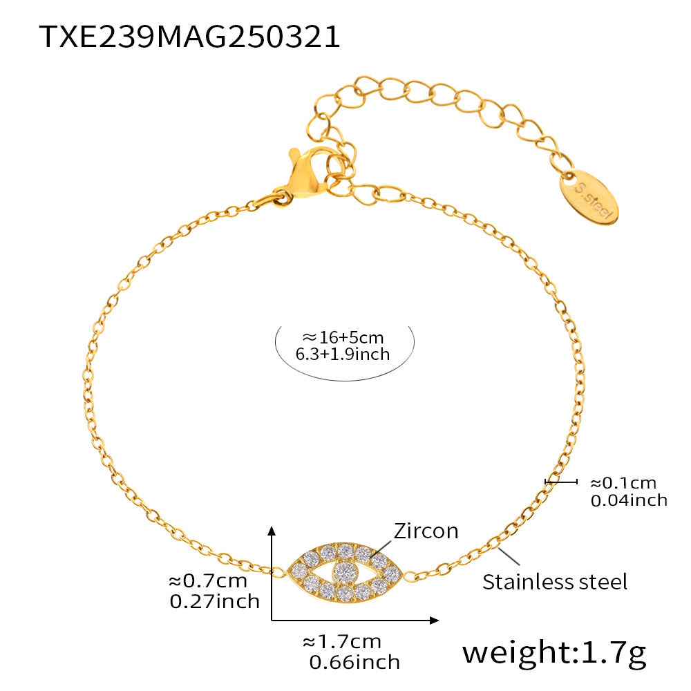 Specifications of Mystic Evil Eye Bracelet with 5A Zircon in gold stainless steel, adjustable waterproof design