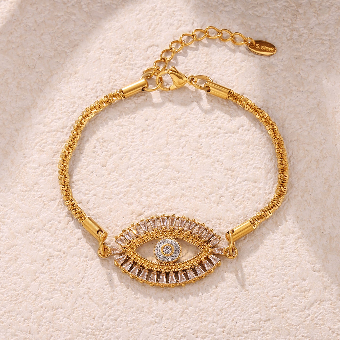 Mystic Evil Eye Zircon Bracelet under soft warm lighting showing sparkle of micro inlaid zircon stones