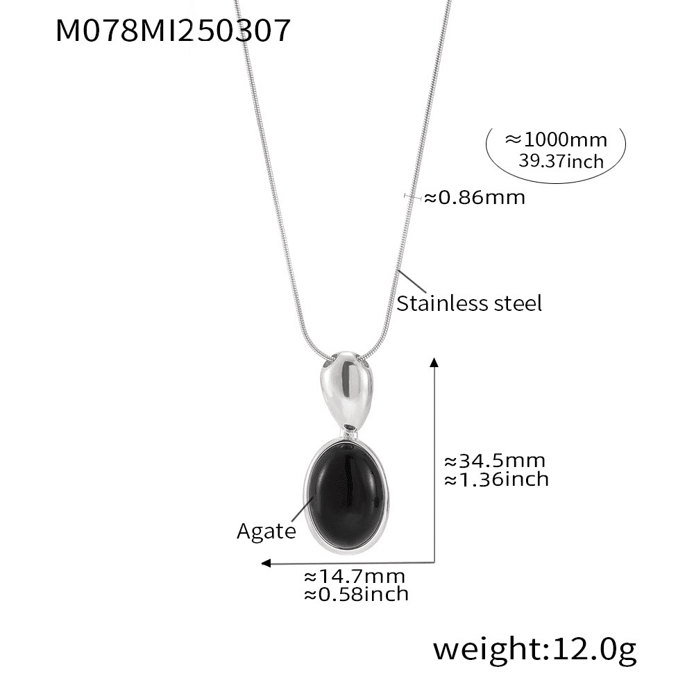 Stainless steel long necklace with black agate pendant – silver color