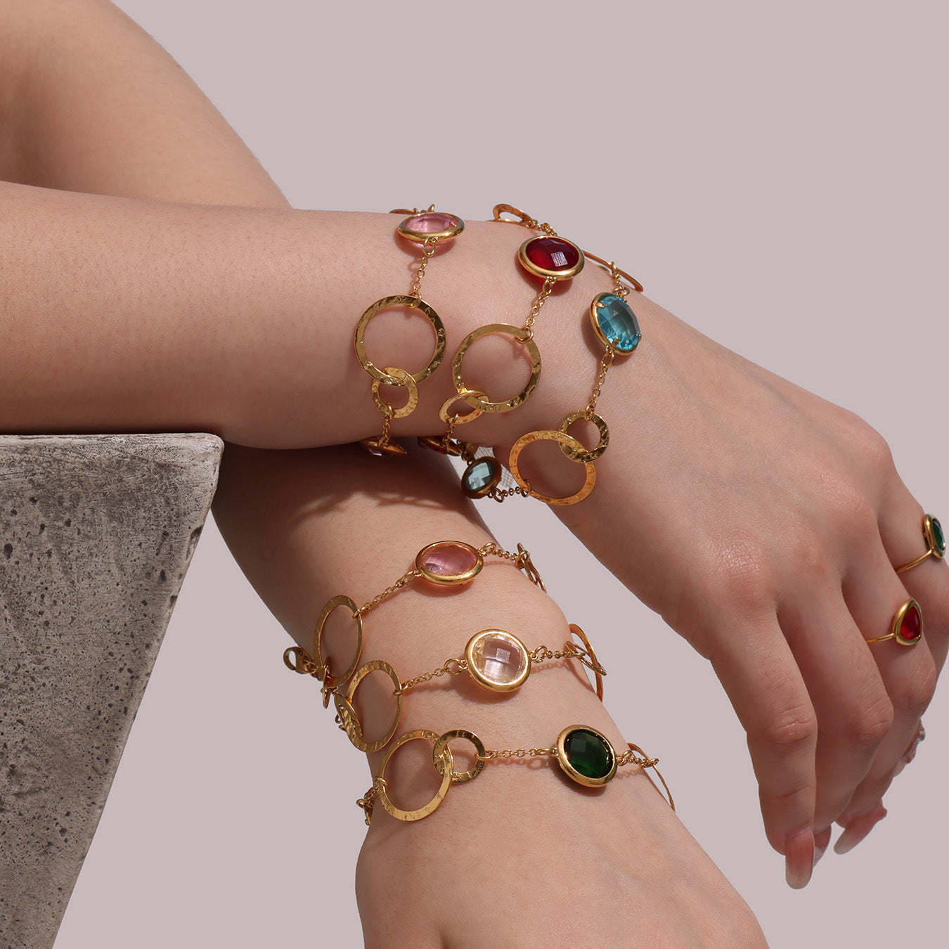 TXE281 Czech Glass Bracelets Styled with White Pants – Fashionable Summer Look